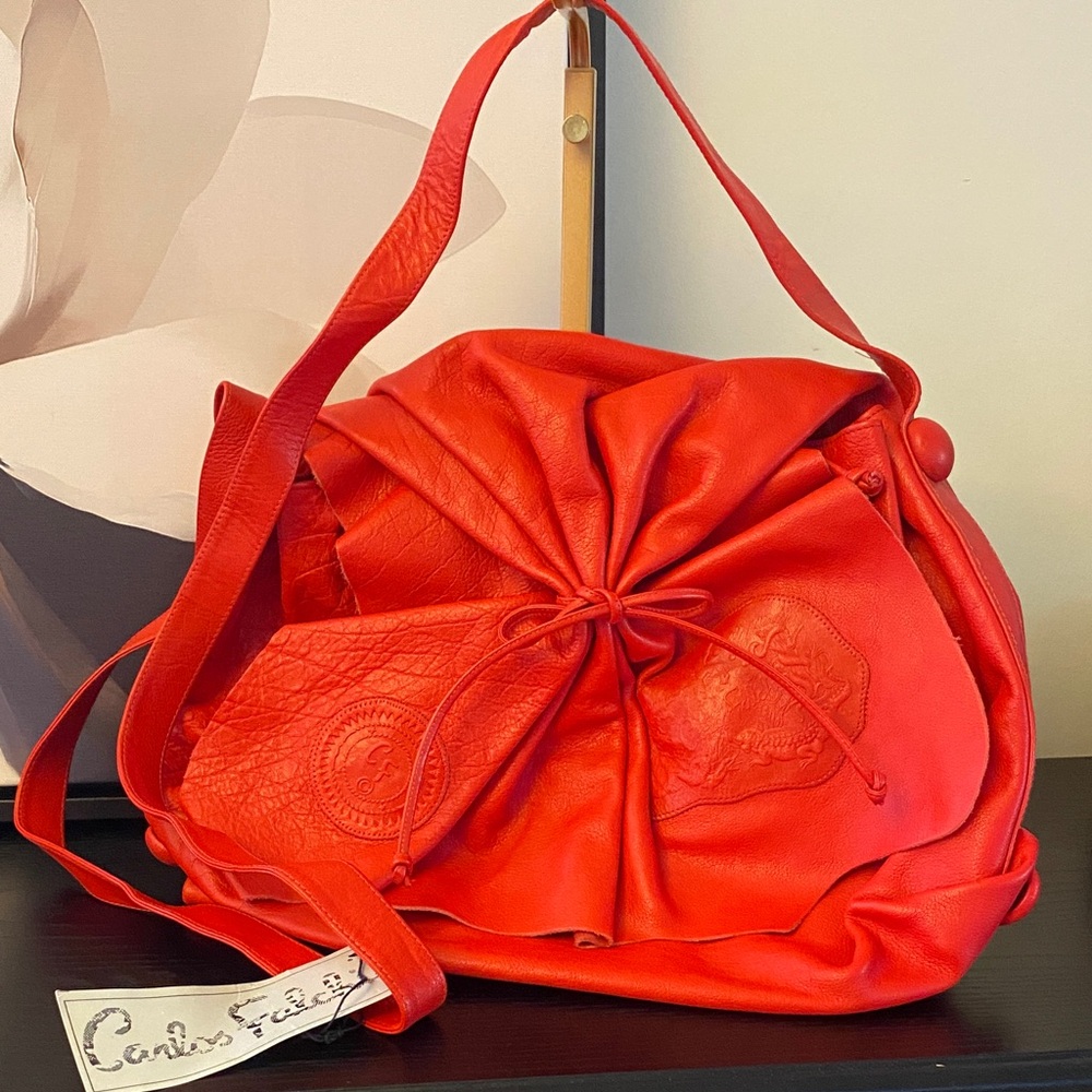 Stunning Vintage Carlos Falchi Vibrant Red Leather Shoulder Bag